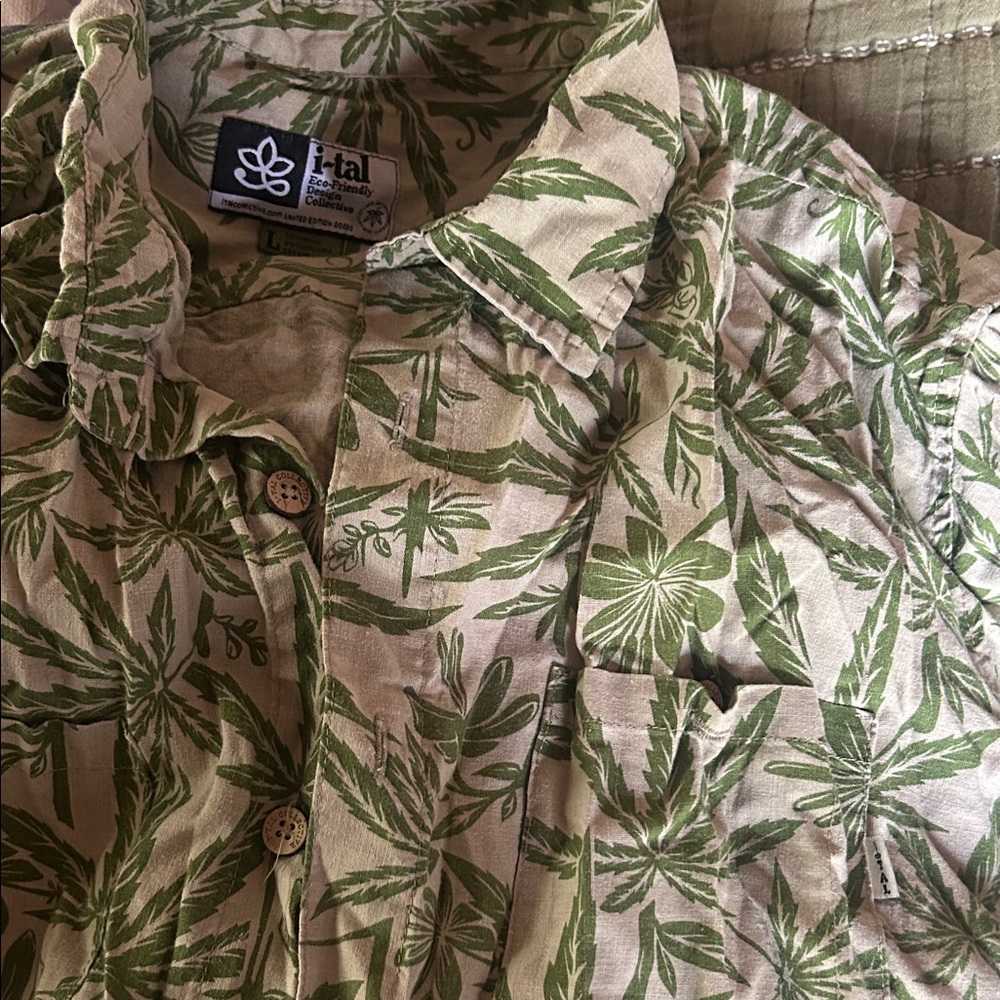Green Leaf Print Hemp Organic  Cotton Button-Up Shirt